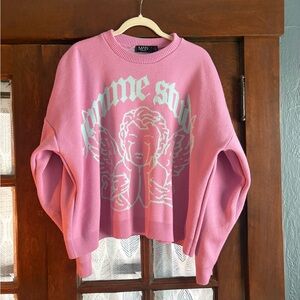 BoohooMAN Mens Pink Y2K “Homme Studio” Graphic Cherub Sweater Pink Aqua